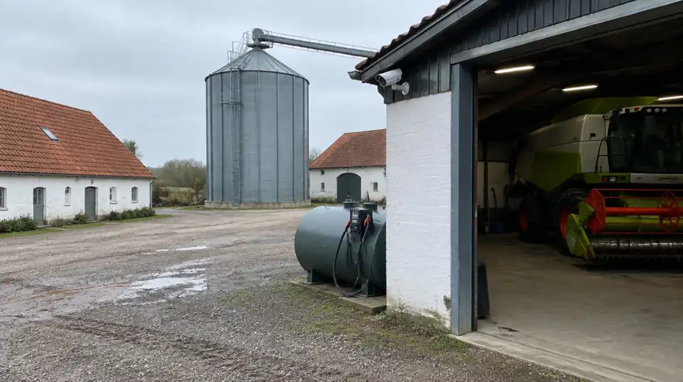 Gårdsplads med silo, maskinhus og overvågningskamera