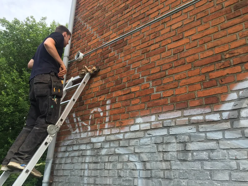 Montør på stige ved en murstensfacade