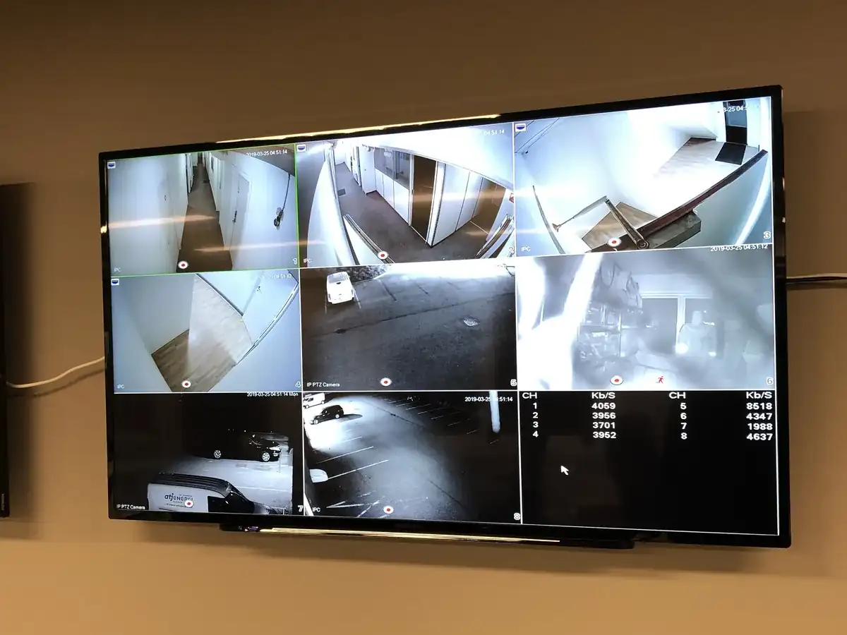 Skærmvæg med live-billeder fra overvågningskameraer