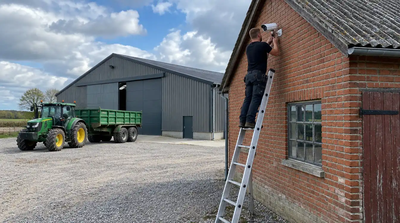 Tekniker monterer overvågningskamera på landbrugsbygning ved maskinhal