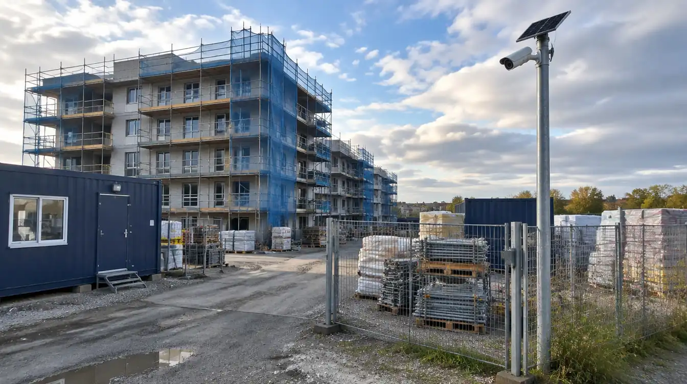 Byggeplads med overvågningskamera på mast ved hegnet
