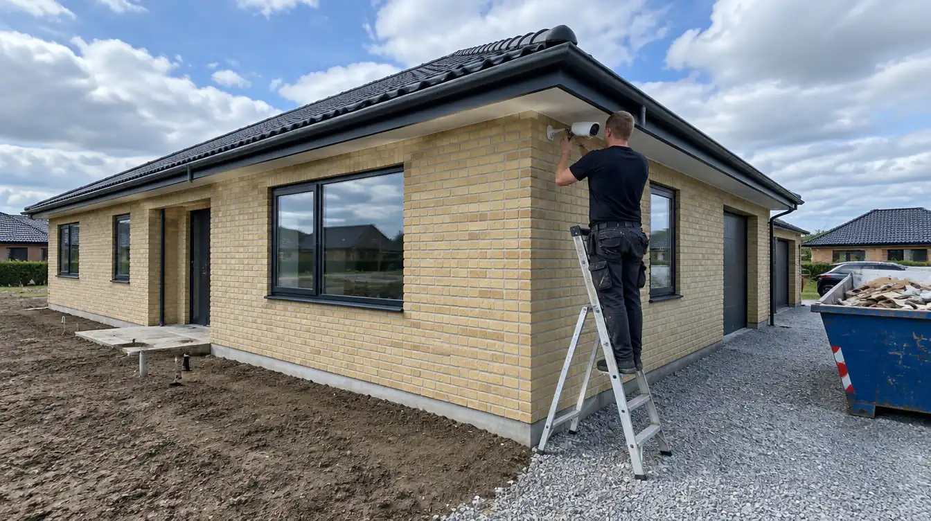 Tekniker monterer overvågningskamera på nyopført parcelhus