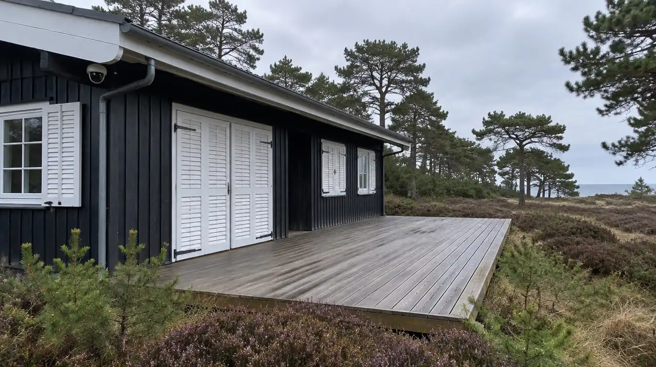 Sort træsommerhus i klitlandskab med overvågningskamera ved indgangen